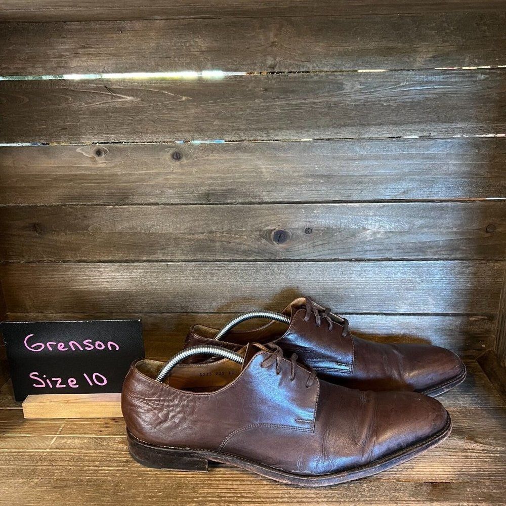 Mens‎ Grenson Brown Leather Plain Toe Derby Oxford Dress Shoes Size 10 F GUC